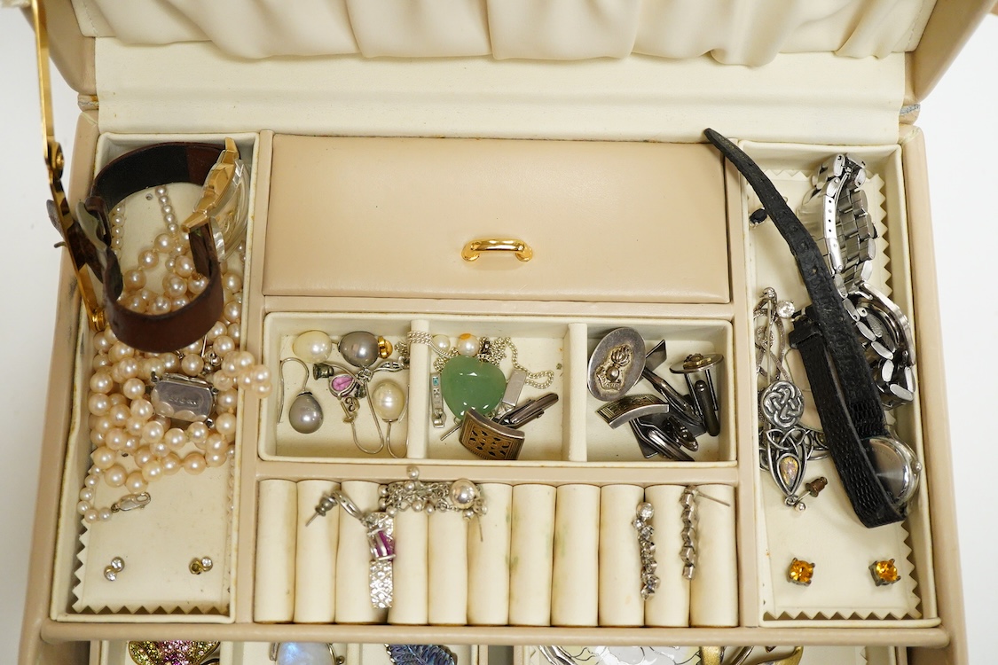 A jewellery box containing mainly costume and other jewellery including, silver and 925 cufflinks, a cultured pearl necklace with silver and paste set clasp and three wrist watches including a steel and gold plated Bulov